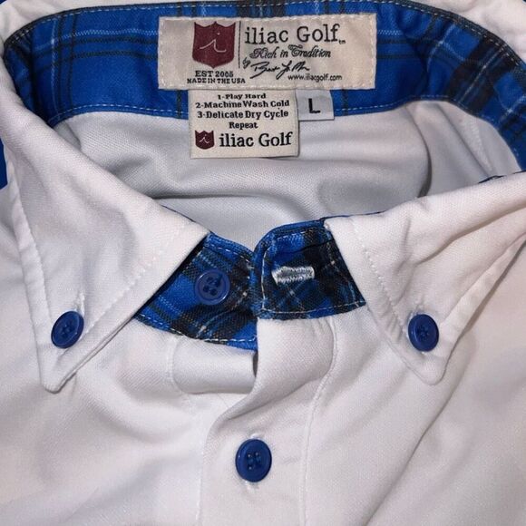 iliac Carlsbad Collar Blue Tartern White Short Sleeve Golf Polo Size Large #2 - Picture 7 of 7